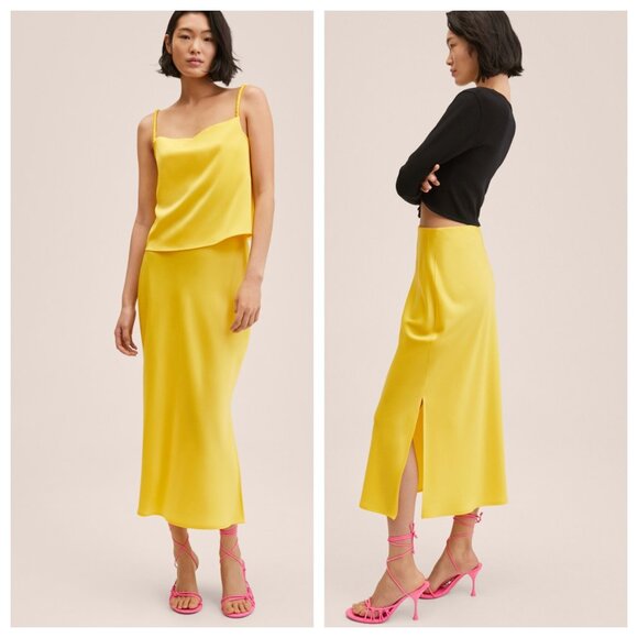 Mango Satin Midi Slip Skirt Bright Yellow - Picture 1 of 4